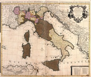 コルシカ島、サルデーニャ島、シチリア島を含むイタリアの地図（銅版画