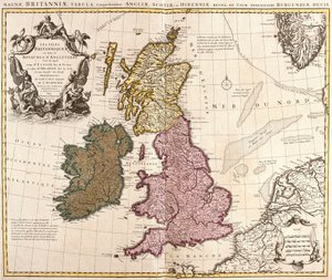 イギリス諸島の地図、イングランド、スコットランド、アイルランドの王国（銅版画 作： Guillaume Delisle