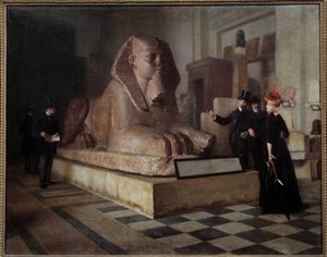 大スフィンクスの前を訪れるルーヴル美術館のエジプト館。ギヨーム・ラリュー（1851-1935）による絵画 作： Guillaume Larrue