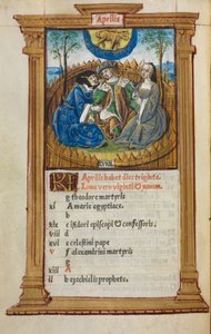 印刷された時祷書（ローマ使用）：フォール5v、4月の暦の図版 作： Guillaume Le Rouge