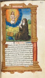 印刷時祷書（ローマ使用）：フォール90r キリストの出現の前に祈る聖ブリジット 作： Guillaume Le Rouge