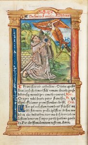 印刷された時間の本ローマの使用：fol。 106v、アッシジの聖フランシス、1510年。 作： Guillaume Le Rouge