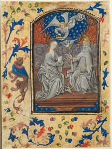 時間帳からの葉っぱ：処女と子供が即位、c。 1470-1480。 作： Guillaume Vrelant