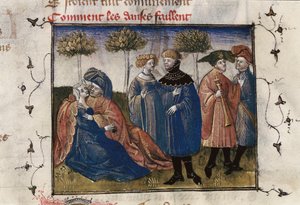 ギヨーム・ロリスの「薔薇の騎士」の細密画に描かれた宮廷人たちの勇壮な場面。 作： Guillaume de Lorris