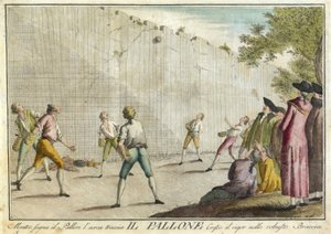 トスカーナ、特にフィレンツェのパブで衣装を着ているGiuochi、Ritenimenti、Feste AnnueのIl Pallone。 1790年（手描きの彫刻） 作： Guiseppe Piattoli