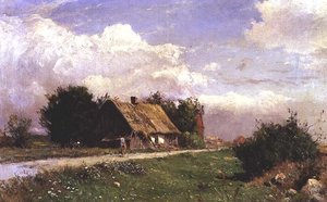 コテージのそばに人物がいる森の風景 作： Gustaf Fredrik Rydberg