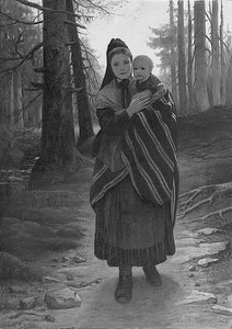 樹木が茂った小道にいる母と子（船上に置かれた帆布に油彩） 作： Gustav Adolph Spangenberg