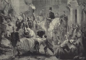 1851年12月3日の夜にパリのバリケードを馬に乗って訪れたルイナポレオン 作： Gustav Bartsch