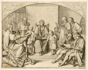 ルターがヨハネス・ヴァルター（1496-1570）の指導のもと、彼の子供たちや友人たちとともにドイツ・プロテスタントの宗教的賛美を紹介。 作： Gustav Ferdinand Leopold Konig