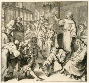 ヨハネス・エック（ヨハン・マイヤー・フォン・エック）博士（1486-1543）と議論するマルティン・ルター、ルター側にはフィリップ・メランヒトン（1497-1560）とカールシュタット（アンドレアス・ルドルフ・ボーデンシュタイン・フォン・カールシュタット）がいる。