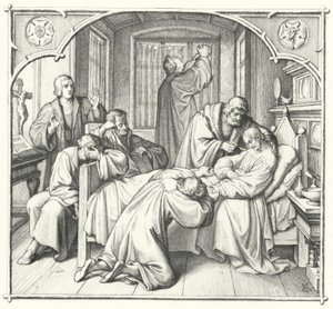 フィリップ・メランヒトンの死の床で祈るマルティン・ルター（版画 作： Gustav Ferdinand Leopold Konig