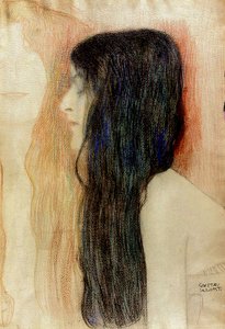 長い髪の少女、1898〜99年（紙にパステル） 作： Gustav Klimt