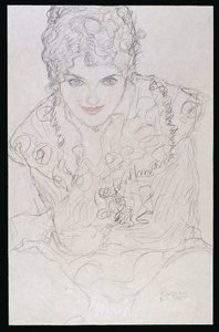 顎に右手を持つ肖像、c.1917-18 作： Gustav Klimt