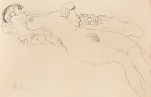 臥位の女性の裸体、左側、1917 年。 作： Gustav Klimt