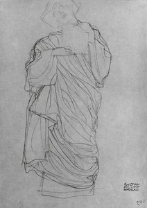 ローブ立っている女性保持カード（茶色の紙に鉛筆） 作： Gustav Klimt