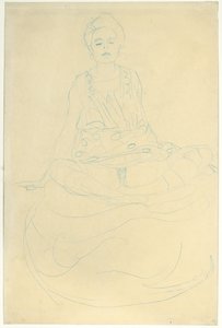 正面から着席のハーフレングスのヌード。 1907年に正面から半身を座る 作： Gustav Klimt