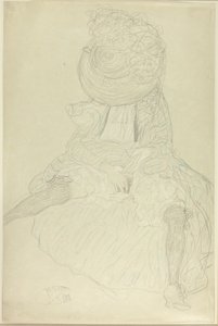 正面から帽子をかぶった座っている女性、フード付きの顔 作： Gustav Klimt