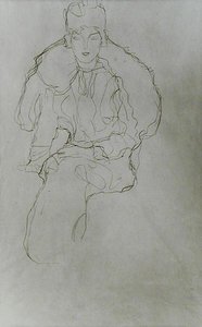毛皮のラップとヘッドドレスをつけた着座した女性 作： Gustav Klimt