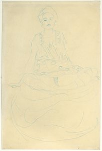 正面から半裸で着席、1907年頃（紙に鉛筆） 作： Gustav Klimt
