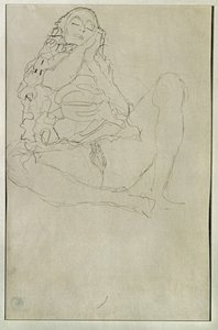 半裸で座り、目を閉じる 作： グスタフ・クリムト