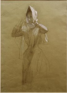 立っている若い女性、スカーフをかぶる 作： Gustav Klimt