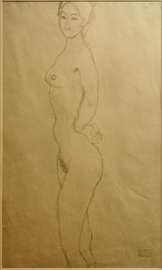 左側に立っている女性のヌード、手を... 作： Gustav Klimt