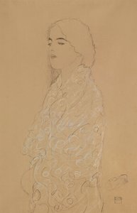 白いショールを持つ女性（紙に白と赤の色のチョークが付いた鉛筆） 作： Gustav Klimt