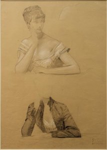 テーブルに座っている若い女性の2つの研究 作： Gustav Klimt
