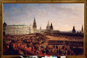 1855 年 2 月 18 日、モスクワ クレムリンでの皇帝アレクサンドル 2 世 (1818-1881) の戴冠式の際の軍事パレード。グスタフ シュヴァルツ作 (1800 年頃 - 1855 年以降)、キャンバスに油彩 作： Gustav Schwarz