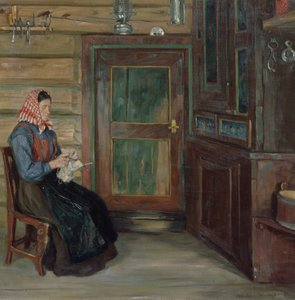 編み物の女性と農家のインテリア 作： Gustav Wentzel