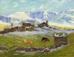 山の向こうの朝日、ヴァーガ (キャンバスに油彩) 作： Gustav Wentzel