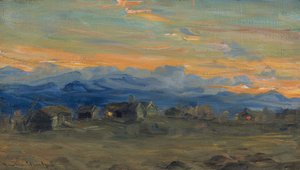 夕方の光の山の農場 作： Gustav Wentzel