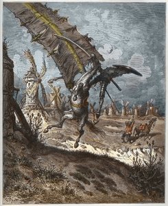 ドン・キホーテと風車（ミゲル・セルバンテス（1547-1616）作「ドン・キホーテ・デ・ラ・マンチャ」より）（「ドン・キホーテ」）-ギュスターヴ・ドーアの絵をもとにヘリオドール・ジョセフ・ピサン（1822-90）が彫ったもの。