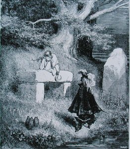 シャルル・ペロー（1628-1703）の「長靴をはいた猫」の挿絵 1883年（彫刻）。 作： Gustave (after) Dore