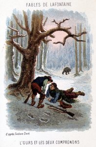ギュスターヴ・ドレの絵をもとにしたラ・フォンテーヌの寓話「熊と二人の仲間」のイラスト。 作： Gustave (after) Dore