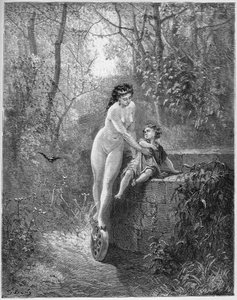 ジャン・ド・ラ・フォンテーヌ（ラフォンテーヌ）（1621-95）の「寓話」より「La Fortune et le jeune Enfant」（女神フォーチュンが井戸から幼い子供を救う） - ギュスターヴ・ドーア（1832-83）の手によるエングレーヴィング - 個人蔵 作： Gustave (after) Dore