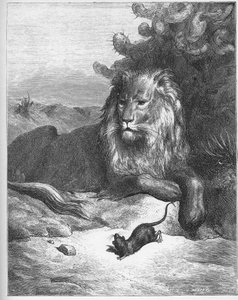 Le lion et le rat (ライオンとネズミ) - Jean de La Fontaine (Lafontaine) (1621-95)の「寓話」より - Gustave Dore (1832-83)によるエングレーヴィング - 個人蔵 作： Gustave (after) Dore