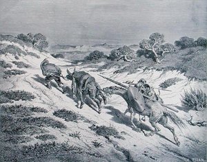 ミゲル・セルバンテス(1547-1616)の「ドン・キホーテ・デ・ラ・マンチャ」より「打ち負かされた騎士とその従者」 1868年頃、ヘリオドール・ジョセフ・ピザン(1822-90)が彫刻。 作： Gustave (after) Dore
