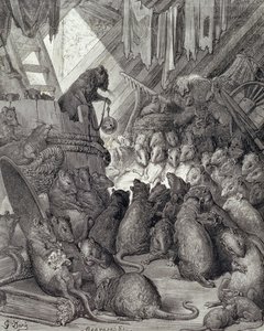アントワーヌ・ヴァレリー・ベルトラン（b.1823）が1868年頃に彫った『ラ・フォンテーヌ寓話集』の「ネズミが開いた会議」（彫刻）。 作： Gustave (after) Dore