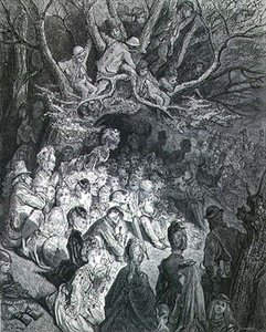ウィリアム・ブランチャード・ジェロルド（1826-84）著、ポール・ジョナール＝パセル（1902年没）彫刻の「ロンドン、巡礼」より「リバーバンド-木の下で」、パブ。1872年に出版された。 作： Gustave (after) Dore