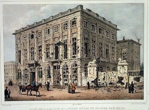 1830年9月23日から26日の戦いの後、ブリュッセルのカフェ・アミティと旧ホテル・デュ・プリンス・フレデリック、ジャン・バティスト・マドゥ（1796-1877）の刻印（カラー・エングレーヴィング）。 作： Gustave Adolphe (after) Simoneau
