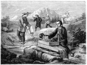 中国の鉱山労働者、カリフォルニア、19世紀。 作： Gustave Adolphe Chassevent Bacques