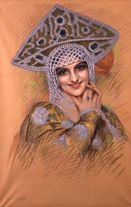 真珠の頭飾りの若い女性（紙にパステル） 作： Gustave Brisgand