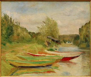 セーヌ川沿いのボートと小屋 作： Gustave Caillebotte