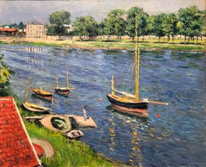 アルジャントゥイユのセーヌ川、停泊中のボート、1883 年。 作： Gustave Caillebotte