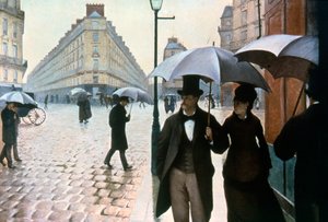 「雨天のパリの通り」、1877年。 作： Gustave Caillebotte