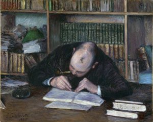 エミール・ジャン・フォンテーヌの肖像画、本屋 (The Bookseller E. J. Fontaine) - ギュスターヴ・カイユボット (1848-1894) 作、キャンバスに油彩 (65x81 cm) 作： Gustave Caillebotte