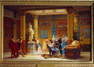 1860年にナポレオン皇太子がパリのポンペイジェンヌ邸のアトリウムに描いた「フルートの奏者...」と「ディオメデの女」の繰り返し。ギュスターヴ・ブーランジェ（1824-1888）の絵画