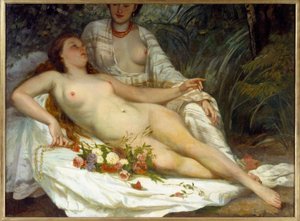 水浴客は二人の裸の女性を言う。ギュスターヴ・クールベ（1819-1877）の絵画