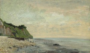 海の海岸の断崖：小さなビーチ、日の出 作： Gustave Courbet